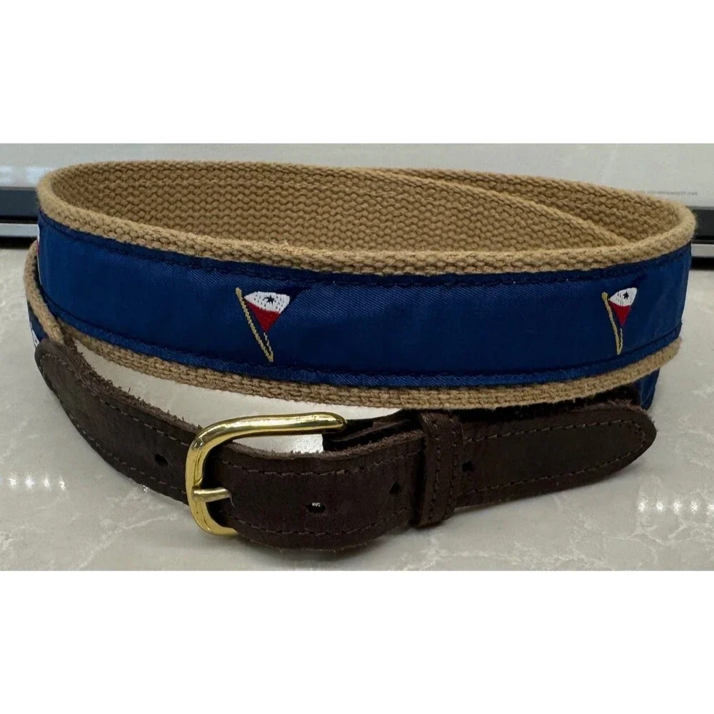 Yacht Club Flag - Canvas Leather Belt - Men's Size 36 - VINTAGE - Blue